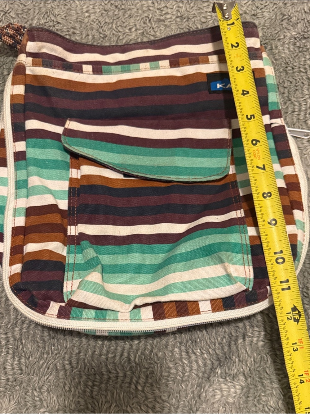 Kavu Striped Canvas Crossbody Bag in Teal, Brown & Cream